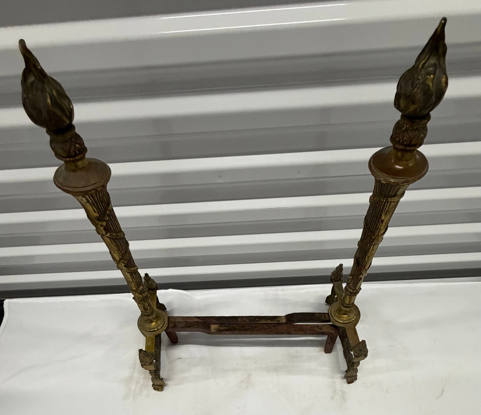 Pair of Antique Brass Fireplace Andirons with Flame Finials - 4