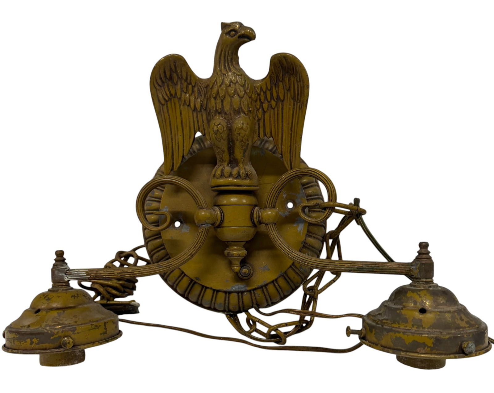 Vintage American Federal Style Gilt Metal Double Sconce with Eagle Motif: This vintage American Federal style wall sconce is crafted from gilt metal and features a prominent eagle motif at its center. The sconce has two arms, each supporting a light socket, designed to