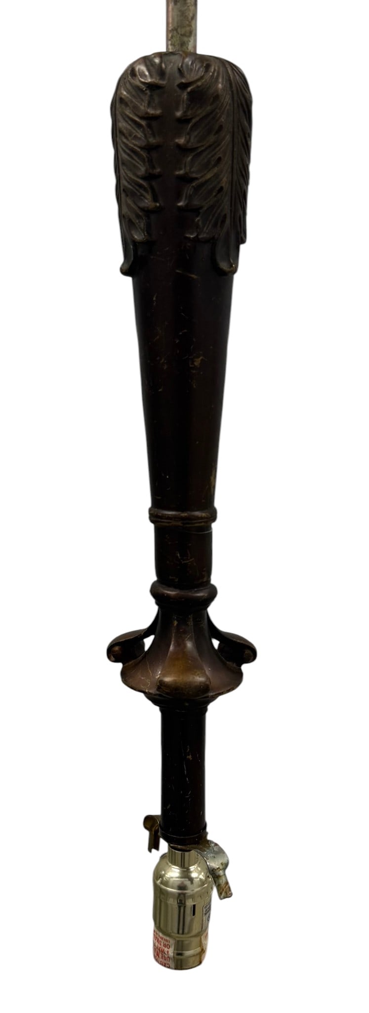 Vintage Cast Metal Floor Lamp Standard: This vintage floor lamp standard is crafted from cast metal with an aged bronze finish. It features a decorative columnar body adorned with acanthus leaf motifs, showcasing a classical influence. The
