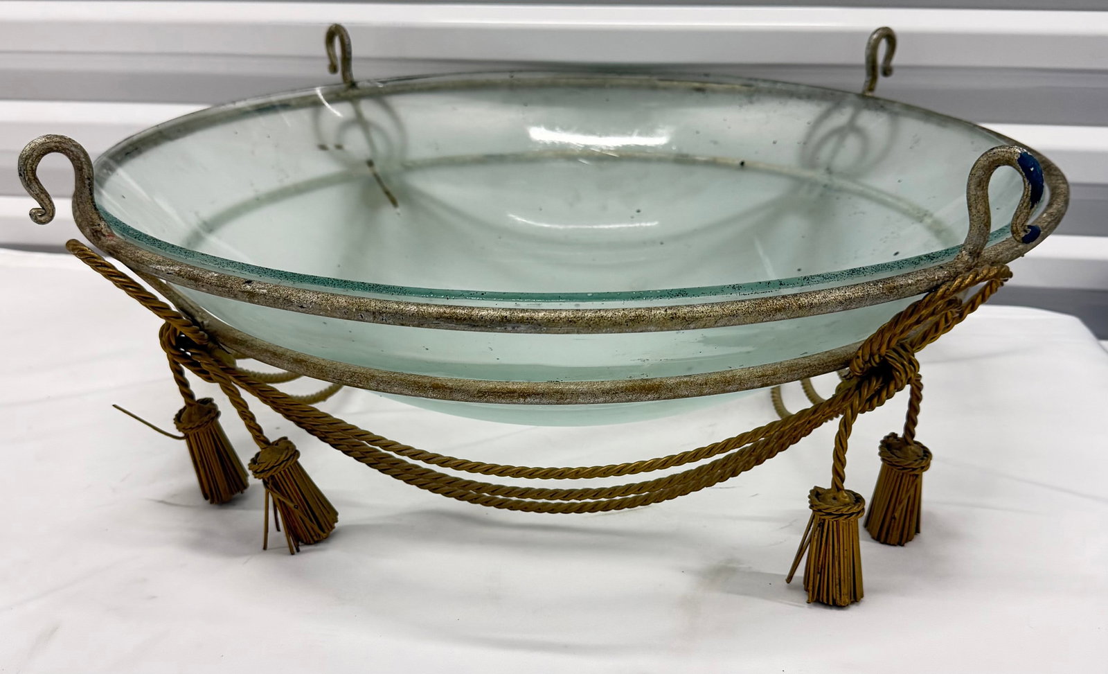 Decorative Glass Bowl in Ornate Rope-Wrapped Metal Stand - 2
