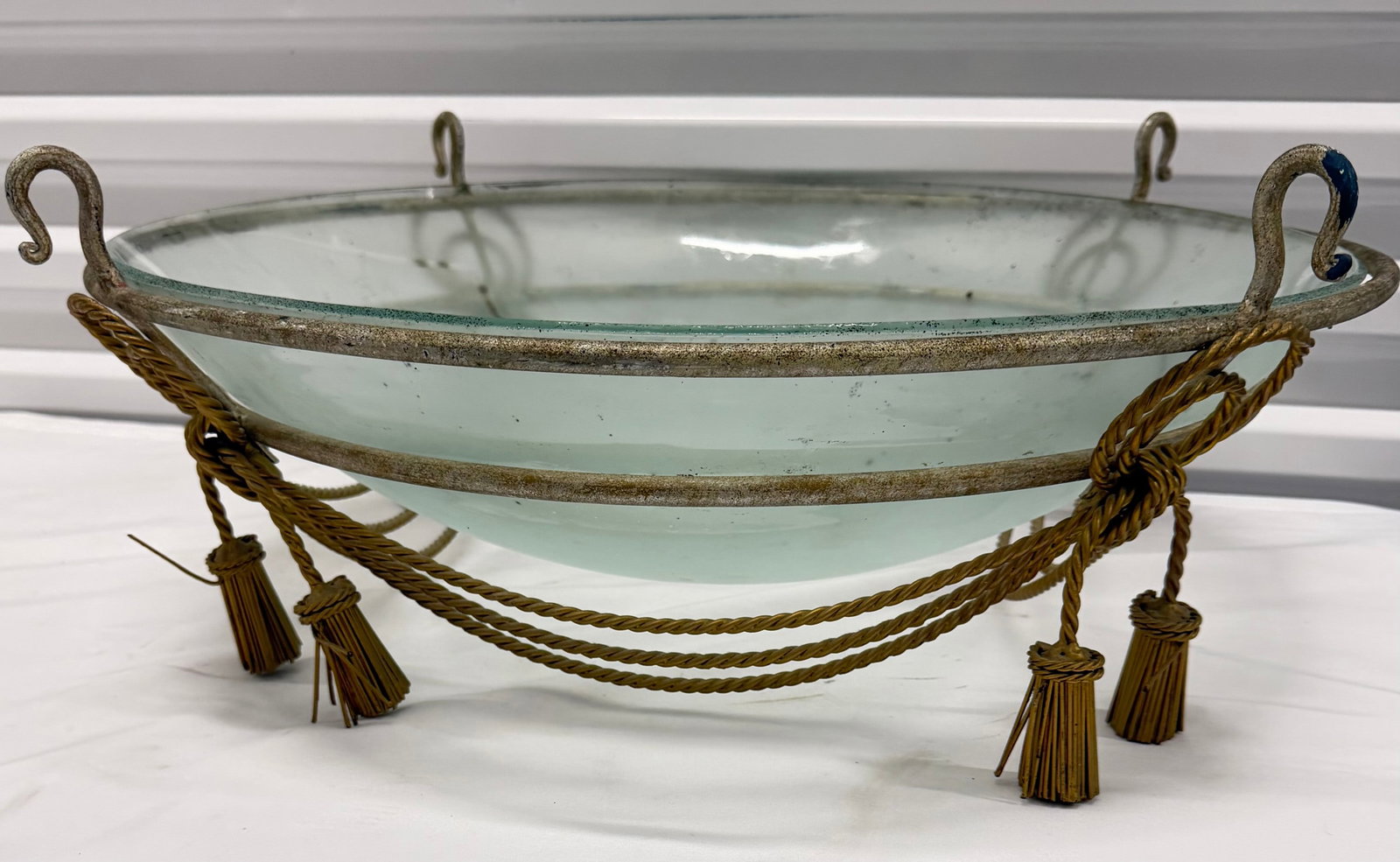 Decorative Glass Bowl in Ornate Rope-Wrapped Metal Stand - 3