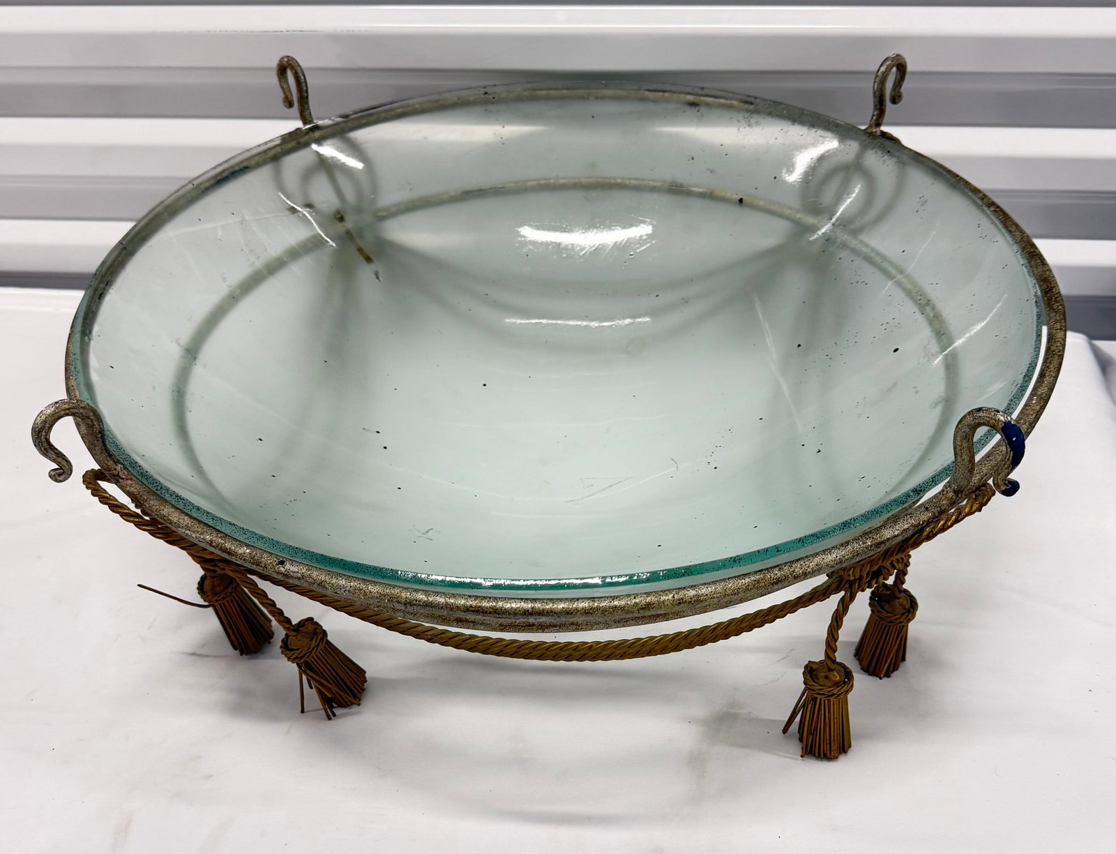 Decorative Glass Bowl in Ornate Rope-Wrapped Metal Stand - 4