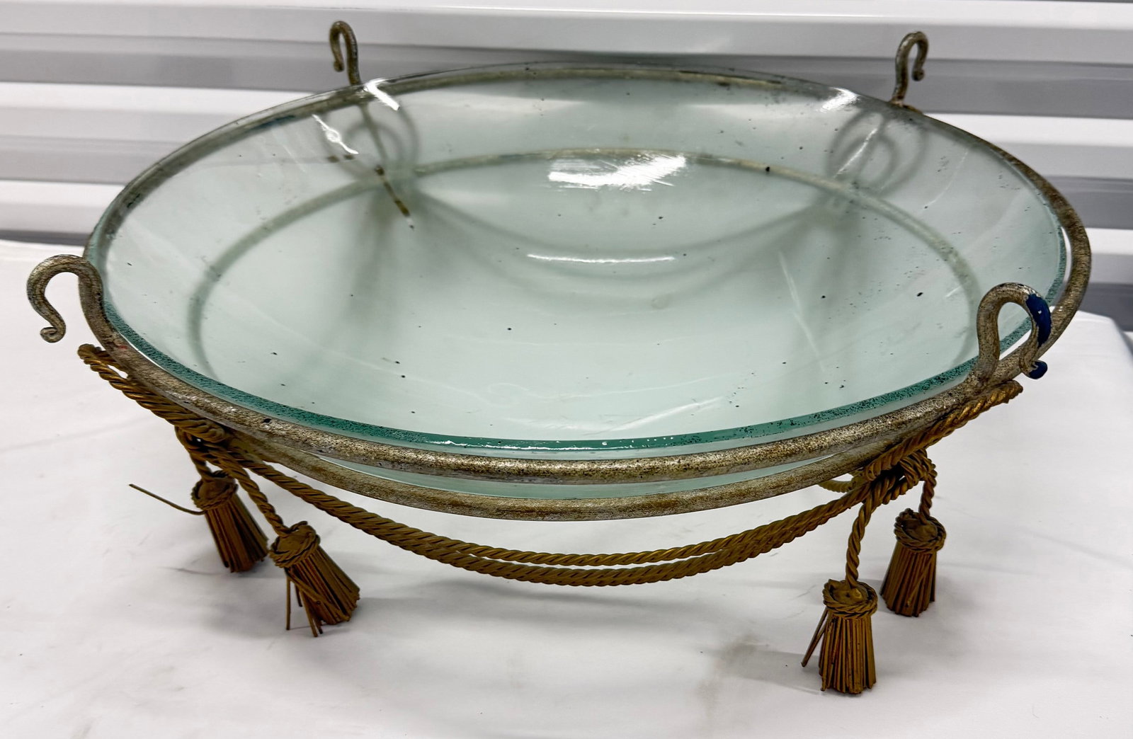 Decorative Glass Bowl in Ornate Rope-Wrapped Metal Stand - 5