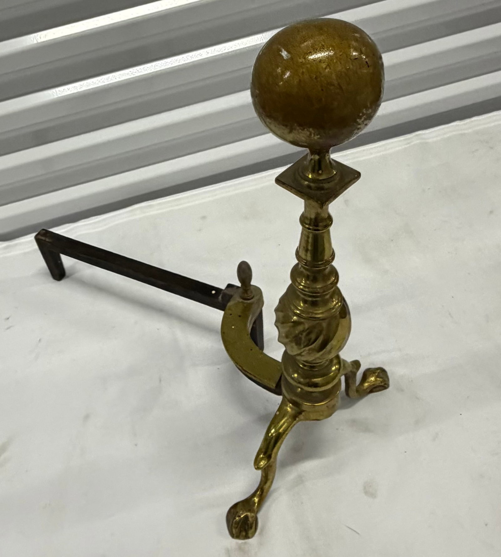 Pair of Ornate Brass Ball Top Fireplace Andirons - 3