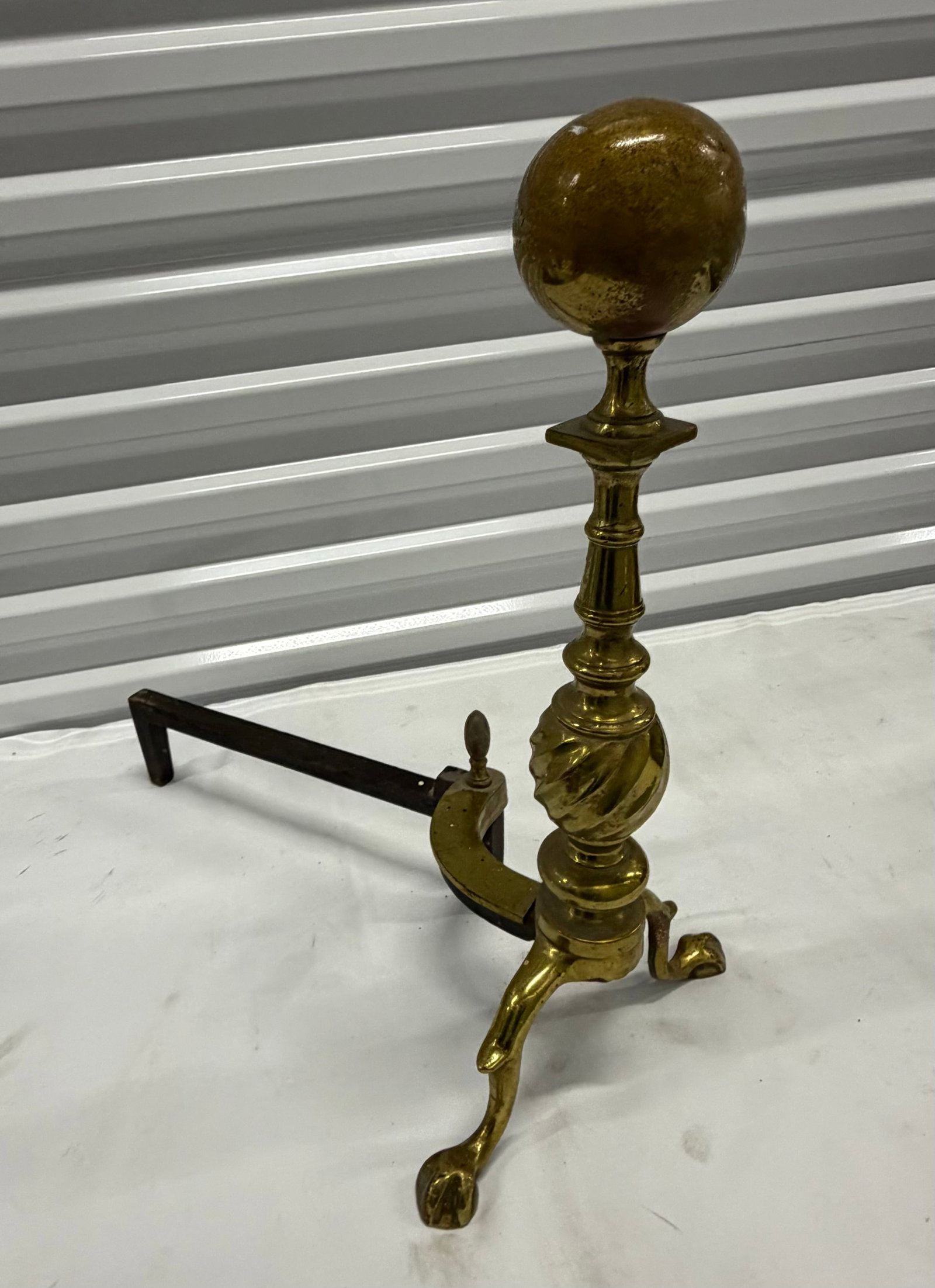 Pair of Ornate Brass Ball Top Fireplace Andirons - 4