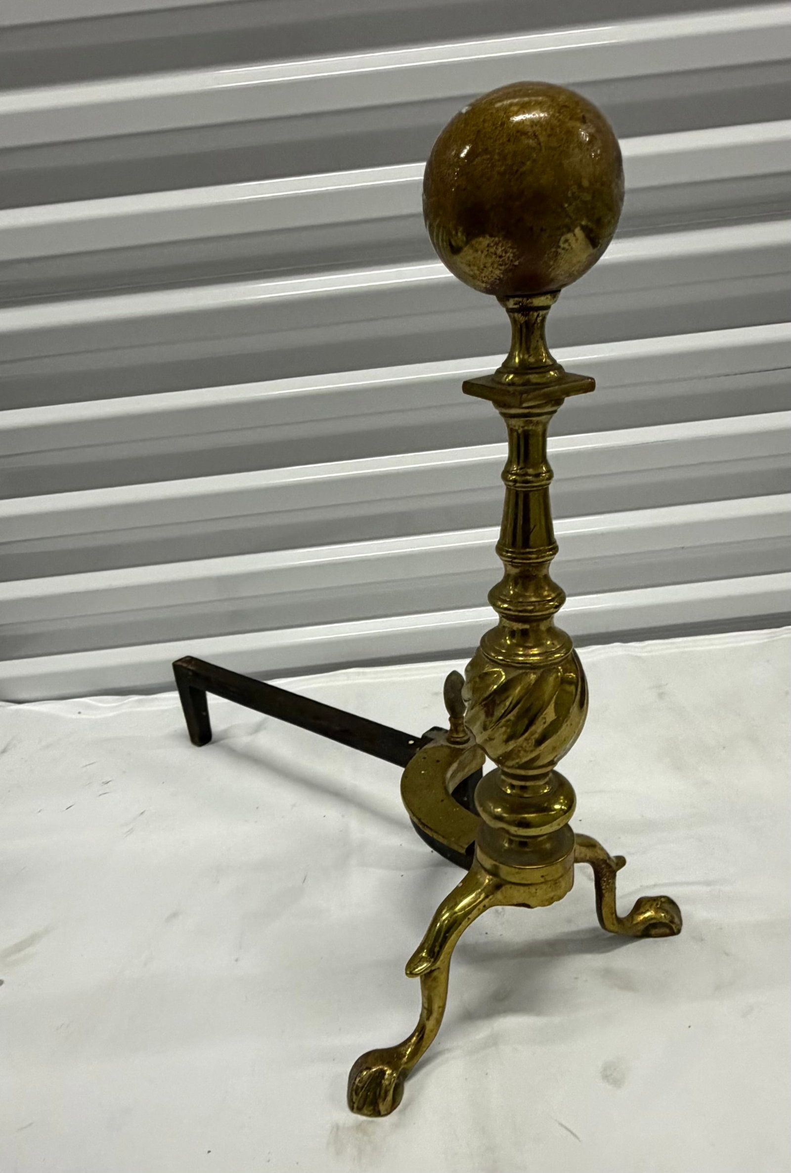 Pair of Ornate Brass Ball Top Fireplace Andirons - 5