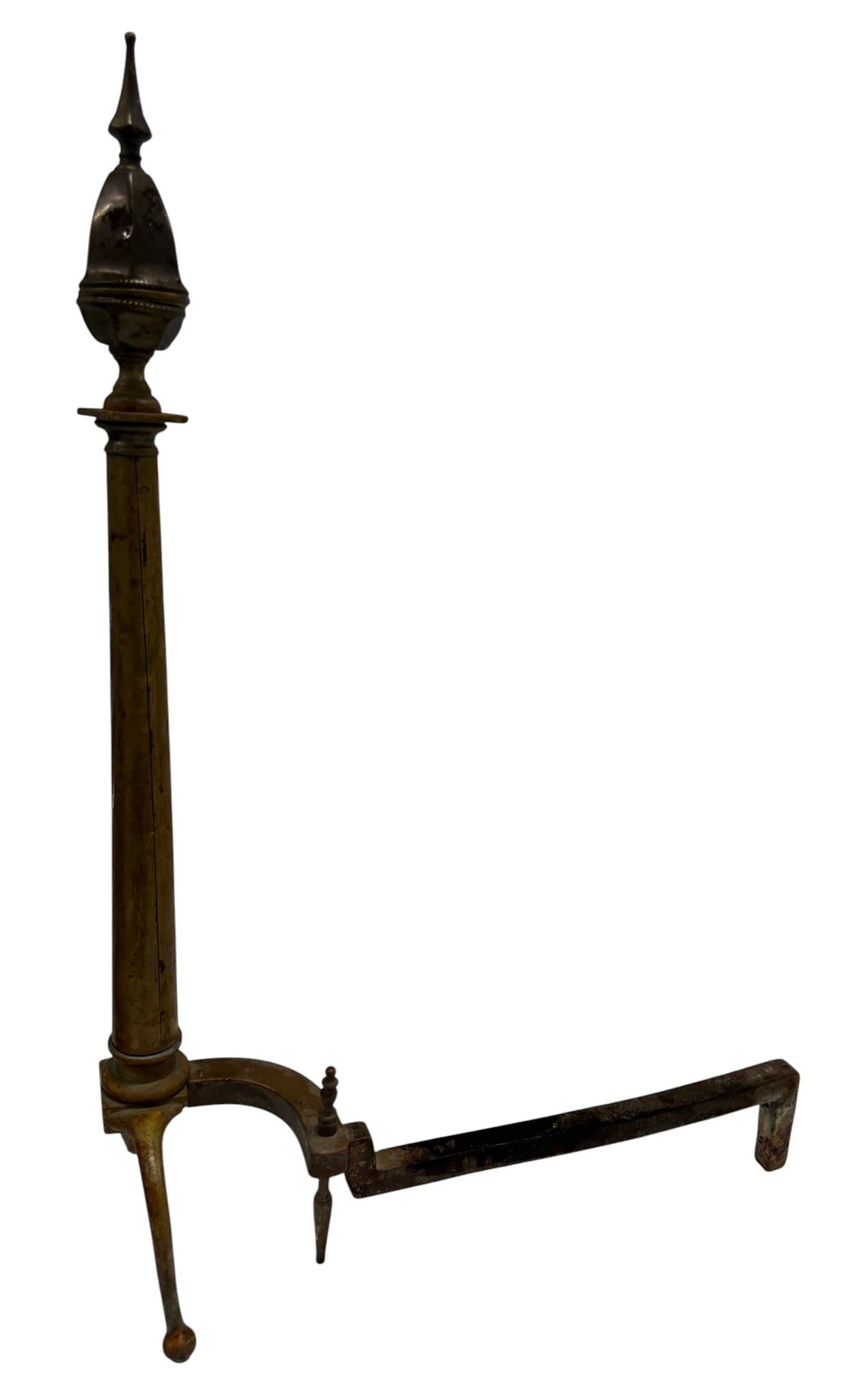 Antique Brass and Iron Fireplace Andiron: This a single antique fireplace andiron, crafted from a combination of brass and iron. The vertical shaft and decorative finial are made of brass, displaying a classic urn and flame motif, indicative