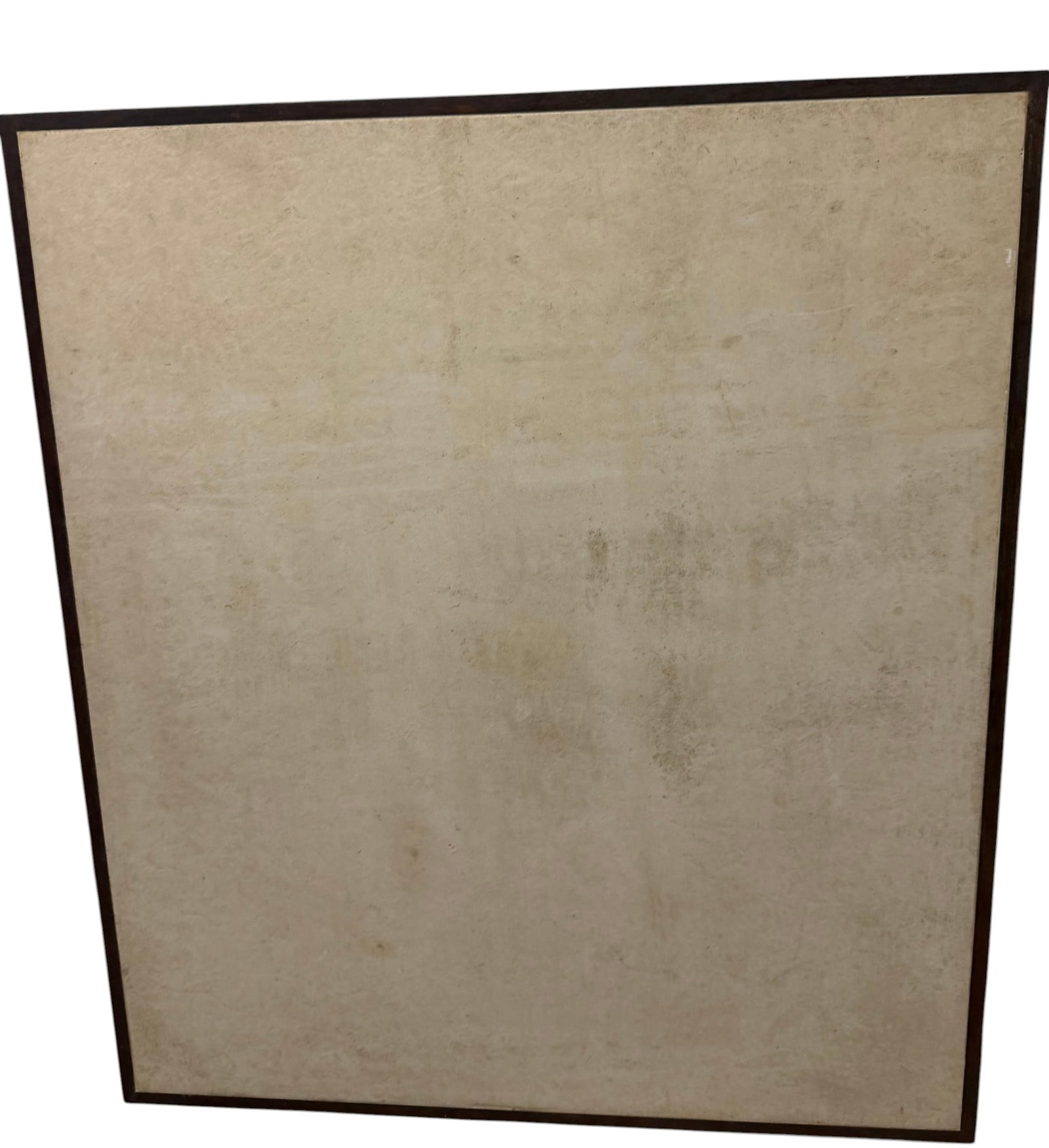 Large Mid-Century Modern Abstract Panel: A minimalist large square panel, likely from the Mid-20th Century, presented in a dark, possibly wooden or metal, frame. The panel itself features a mottled light beige and brown surface, suggesting a