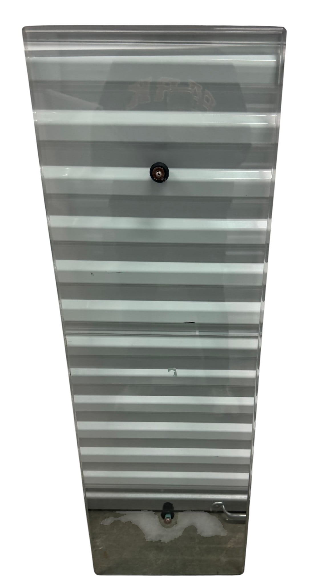 Clear Glass Panel with Hardware: A clear glass panel, likely tempered for durability, featuring two pre-drilled holes with included hardware. One hole is positioned roughly in the center, and the other near the bottom edge. There is