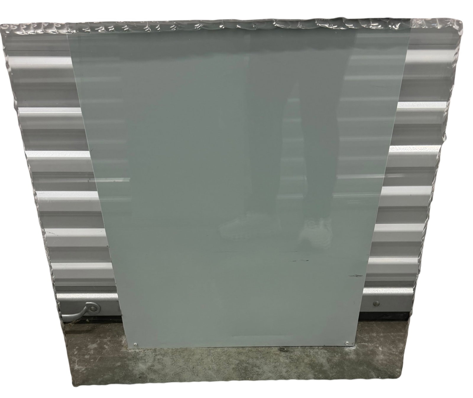 Modern Chipped Edge Glass Panel / Tabletop: This modern clear glass panel features a lightly frosted rectangular insert and distinctive chipped, free-form edges. Its versatile design suggests it could function as a unique tabletop, a