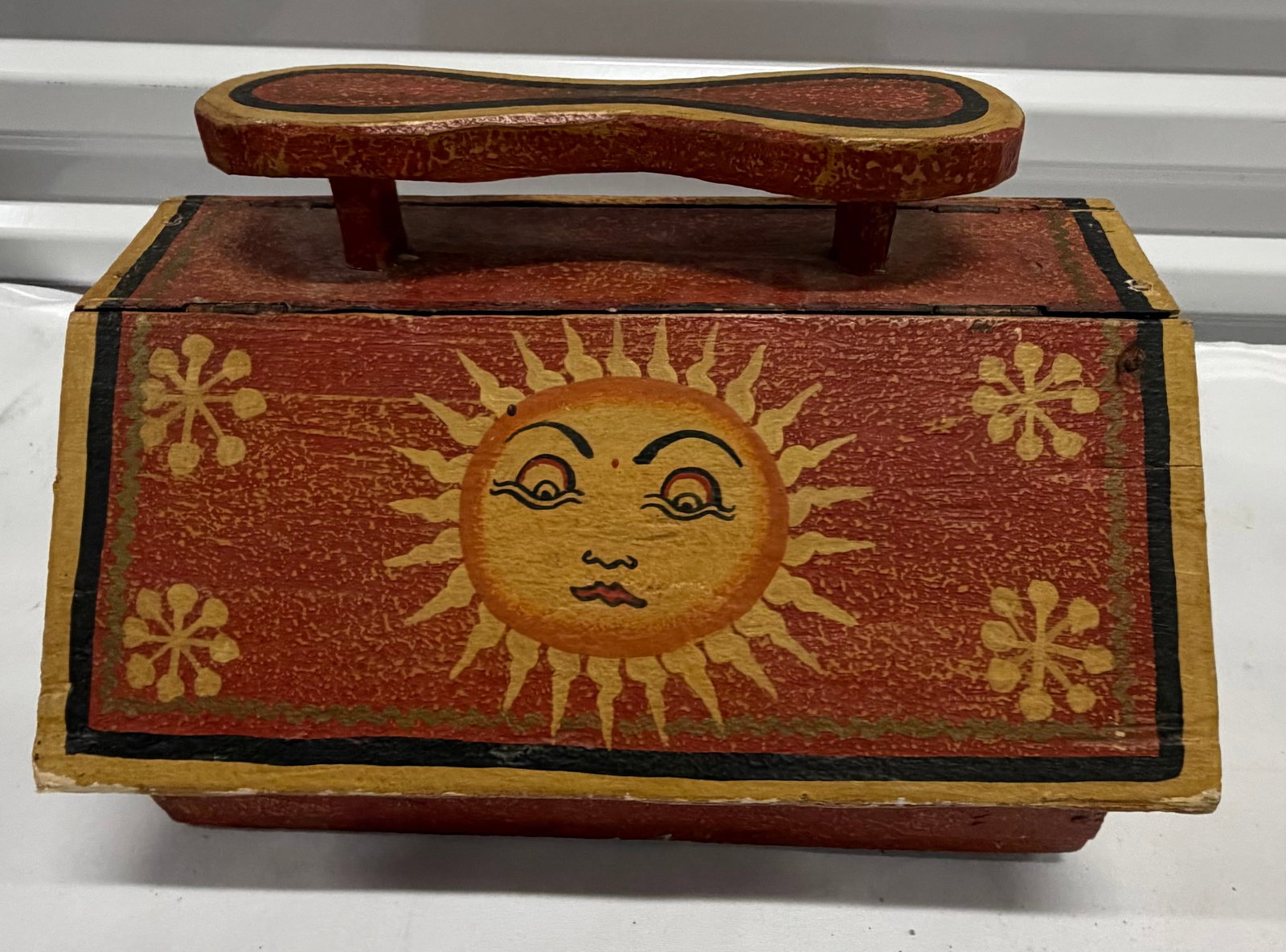 Hand-Painted Folk Art Sun and Floral Design Wooden Box with Shoe Last Handle - 2