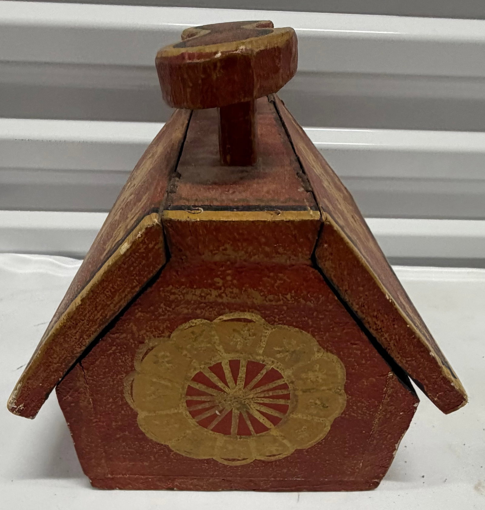 Hand-Painted Folk Art Sun and Floral Design Wooden Box with Shoe Last Handle - 3