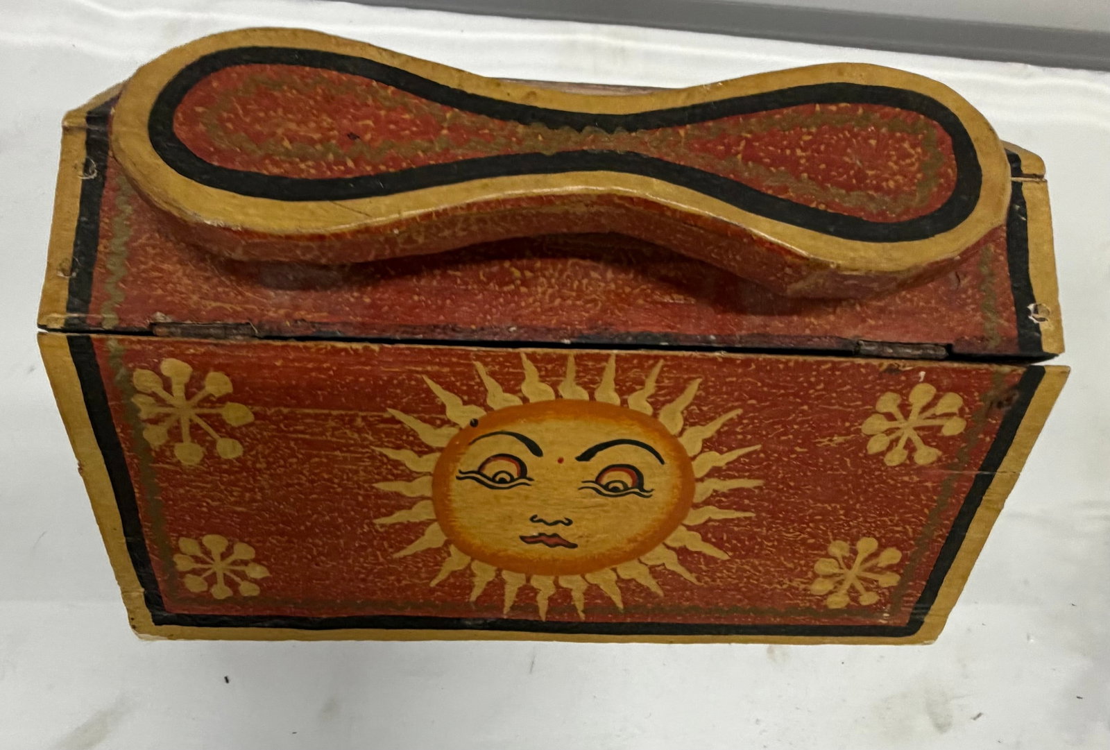 Hand-Painted Folk Art Sun and Floral Design Wooden Box with Shoe Last Handle - 4