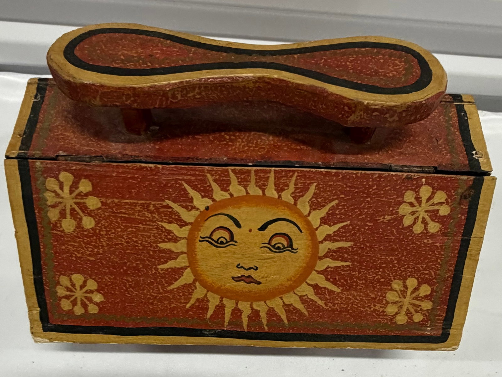 Hand-Painted Folk Art Sun and Floral Design Wooden Box with Shoe Last Handle - 5