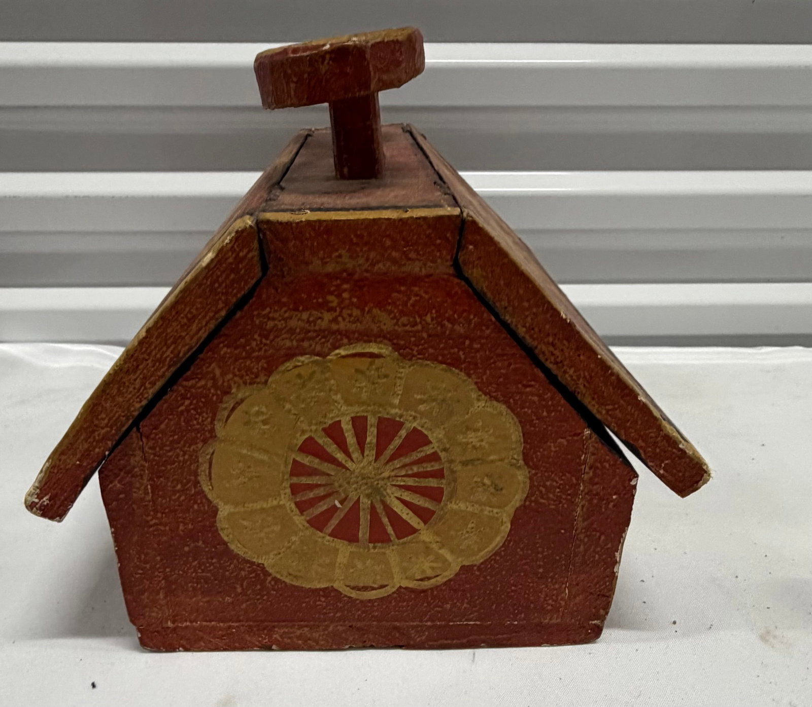 Hand-Painted Folk Art Sun and Floral Design Wooden Box with Shoe Last Handle - 6