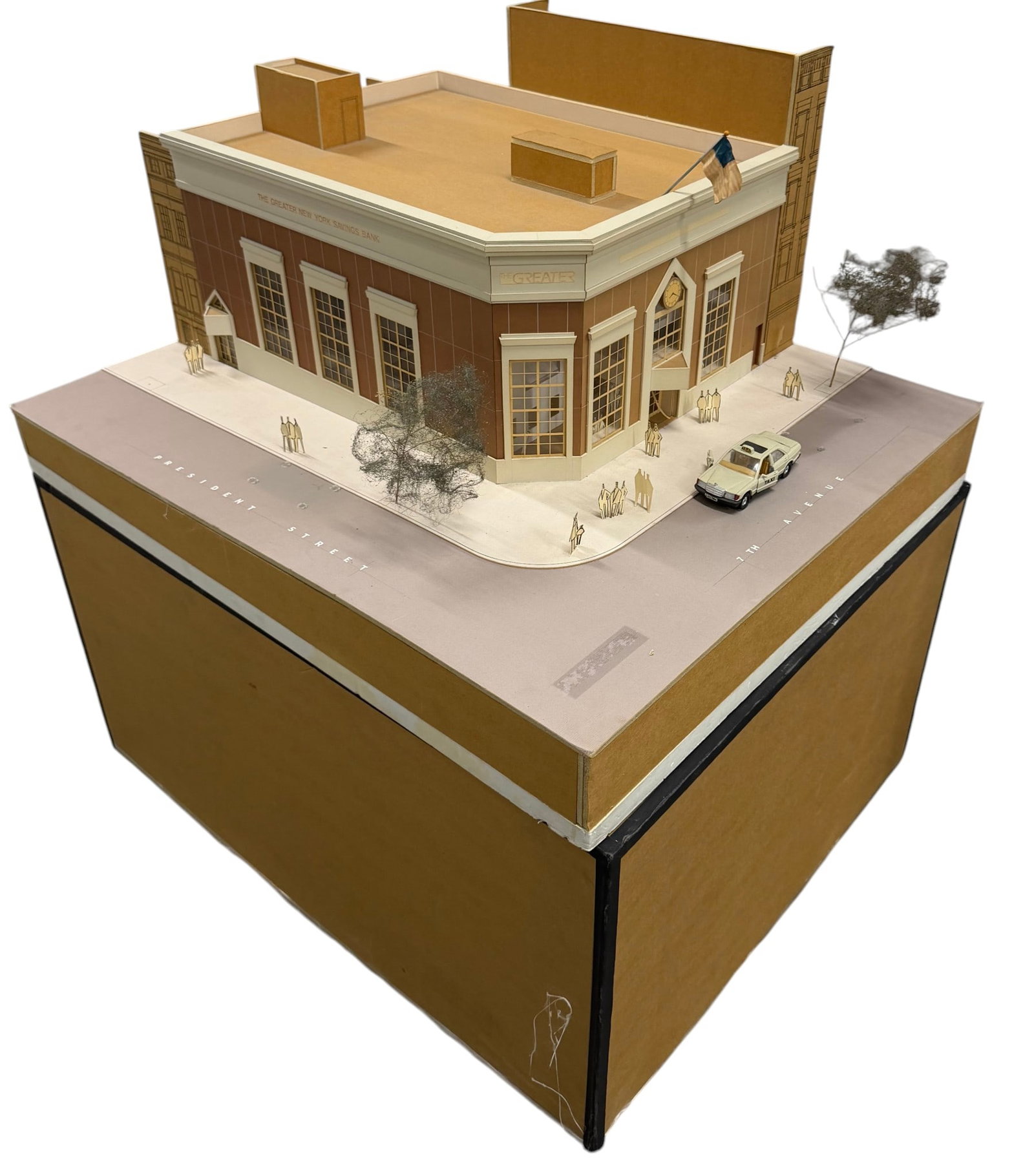 Architectural Model of "The Greater New York Savings Bank": A highly detailed architectural model of "The Greater New York Savings Bank" building, likely dating from the mid to late 20th century. The model is constructed primarily from cardboard or chipboard,
