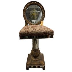 Giltwood and Mirrored Vanity Chair with Etched Mirror Back, Neoclassical Style: This elegant vanity chair features a circular back with an etched mirror panel depicting a central floral motif surrounded by scrolling foliage, all set within a giltwood frame with beading and a