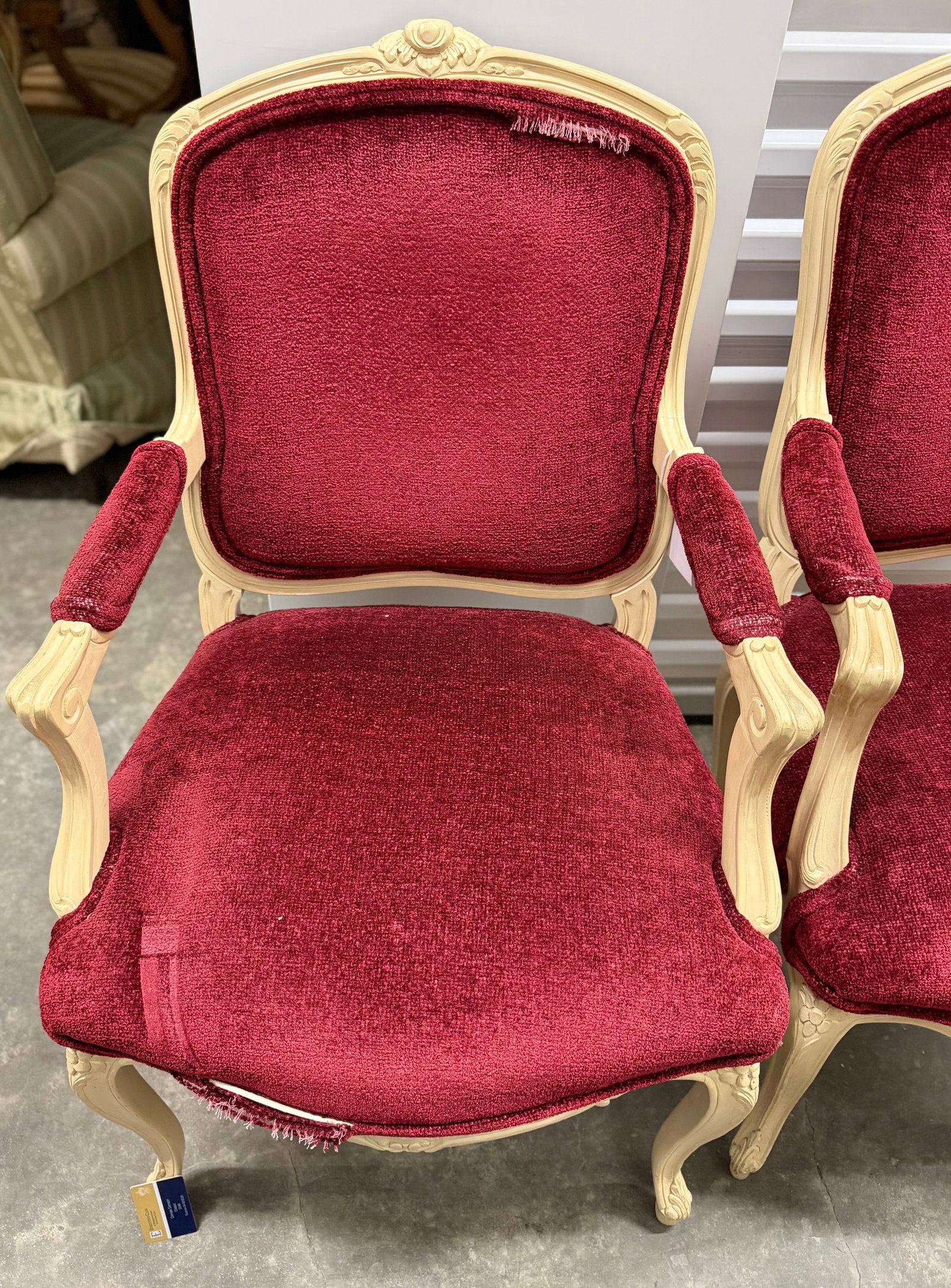 Pair of Louis XV Style Carved Wood and Red Upholstered Armchairs - 4