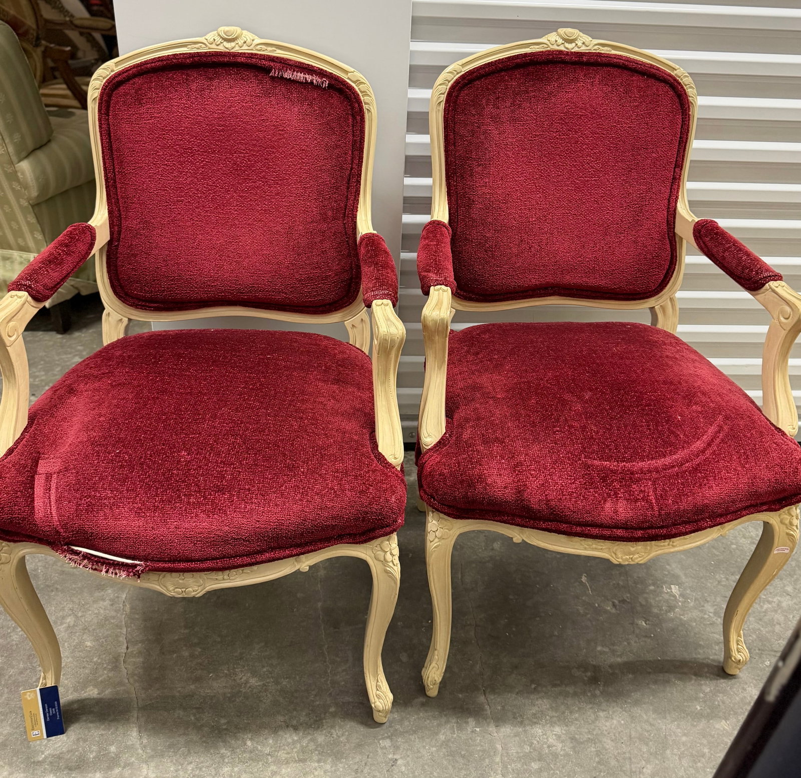 Pair of Louis XV Style Carved Wood and Red Upholstered Armchairs - 5