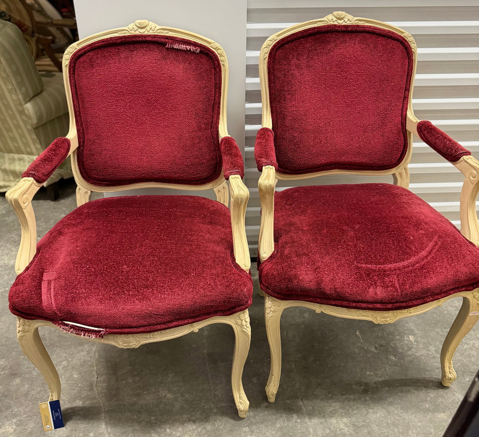 Pair of Louis XV Style Carved Wood and Red Upholstered Armchairs - 6