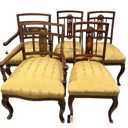Set of Six Hepplewhite Style Inlaid Mahogany Dining Chairs: A set of six Hepplewhite style inlaid mahogany dining chairs, late 19th/early 20th century, comprising two armchairs and four side chairs. Each chair features a shield-back design with intricate class