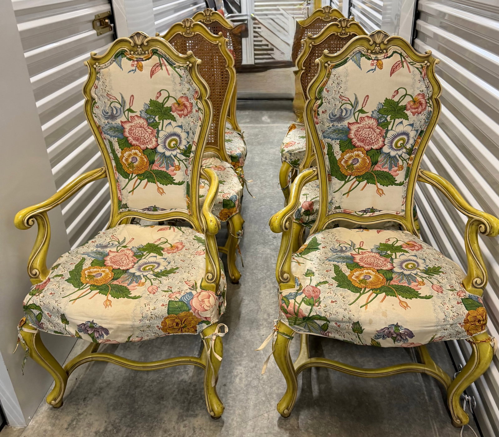 Set of Six Giltwood and Caned Bergere Chairs with Floral Upholstery - 2