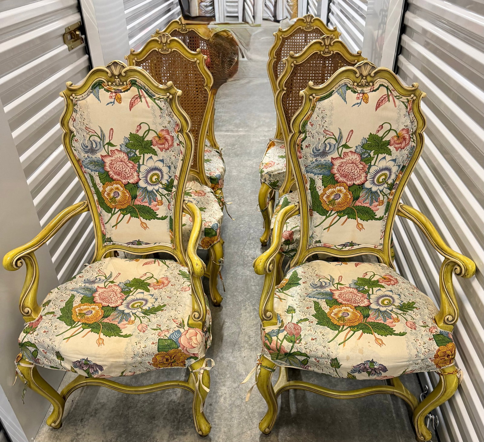 Set of Six Giltwood and Caned Bergere Chairs with Floral Upholstery - 3
