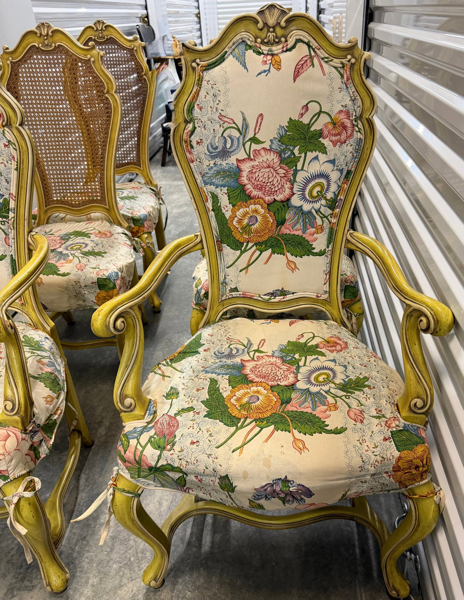 Set of Six Giltwood and Caned Bergere Chairs with Floral Upholstery - 4