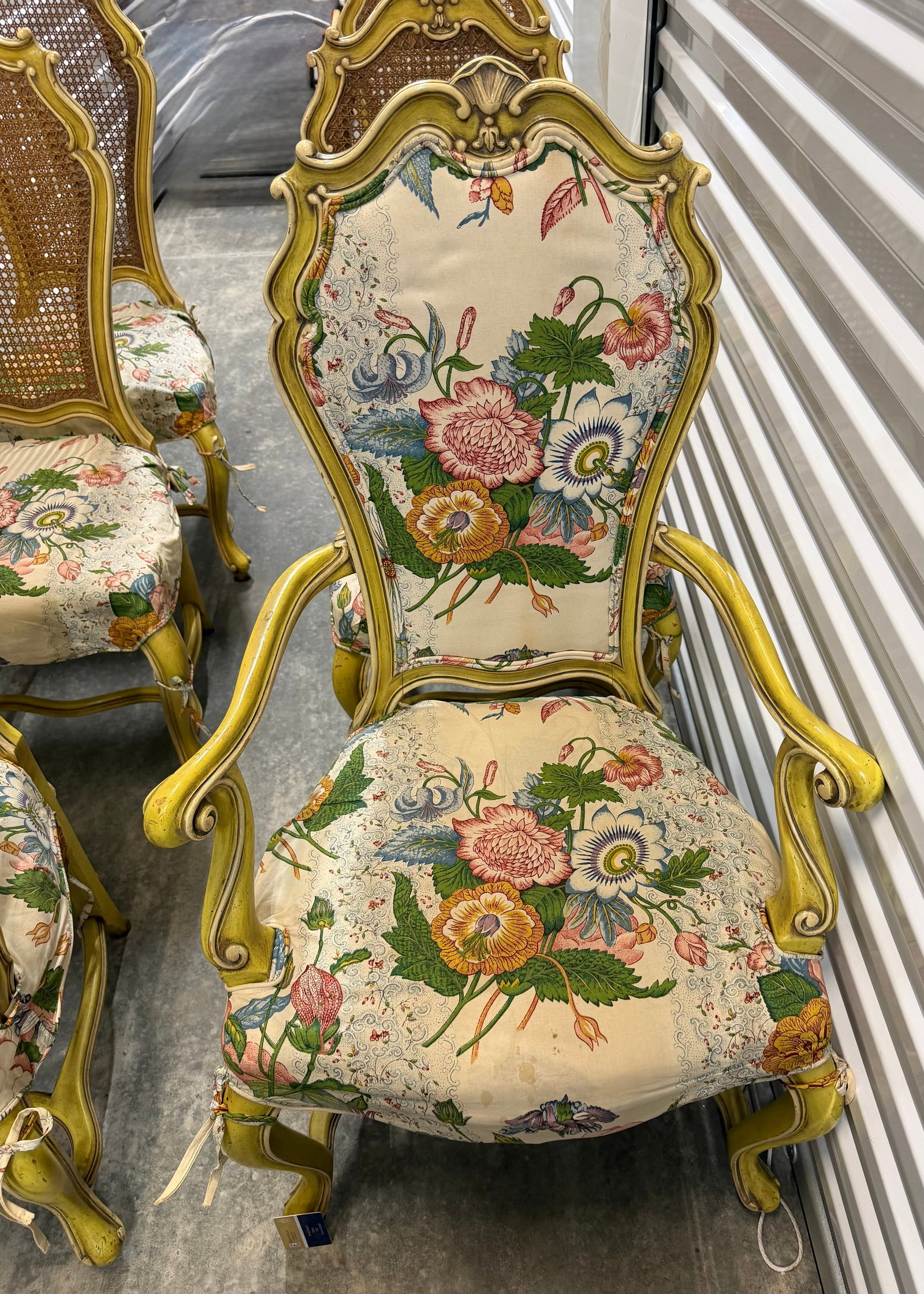 Set of Six Giltwood and Caned Bergere Chairs with Floral Upholstery - 5