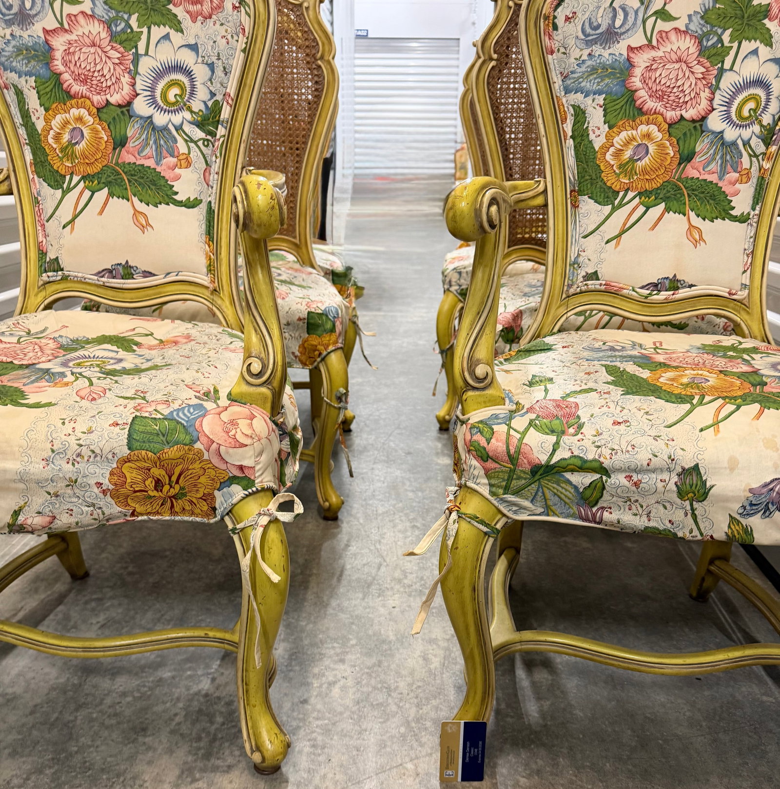 Set of Six Giltwood and Caned Bergere Chairs with Floral Upholstery - 6