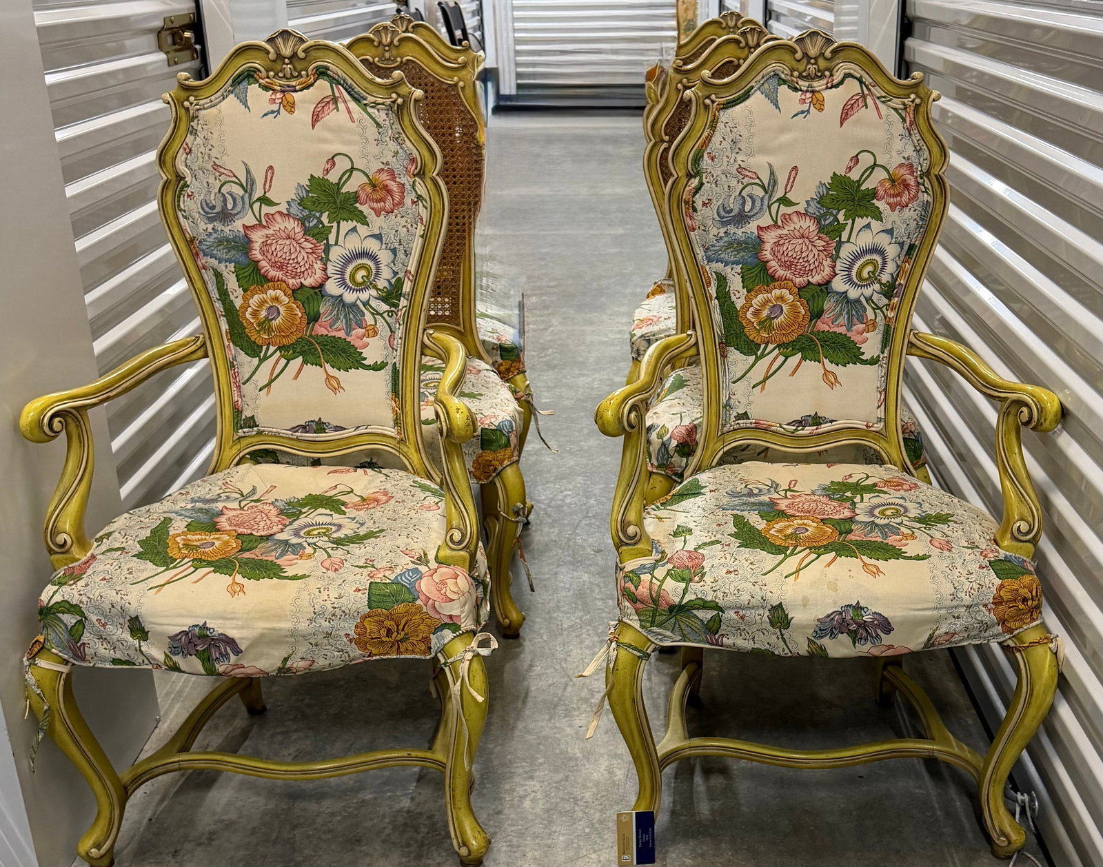 Set of Six Giltwood and Caned Bergere Chairs with Floral Upholstery - 7