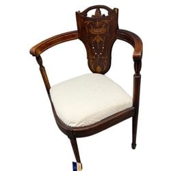 Antique Federal Style Corner Chair with Inlay: An elegant antique Federal style corner chair, likely late 19th or early 20th century, crafted from mahogany with intricate marquetry inlay. The chair features a shield-shaped backrest with classical