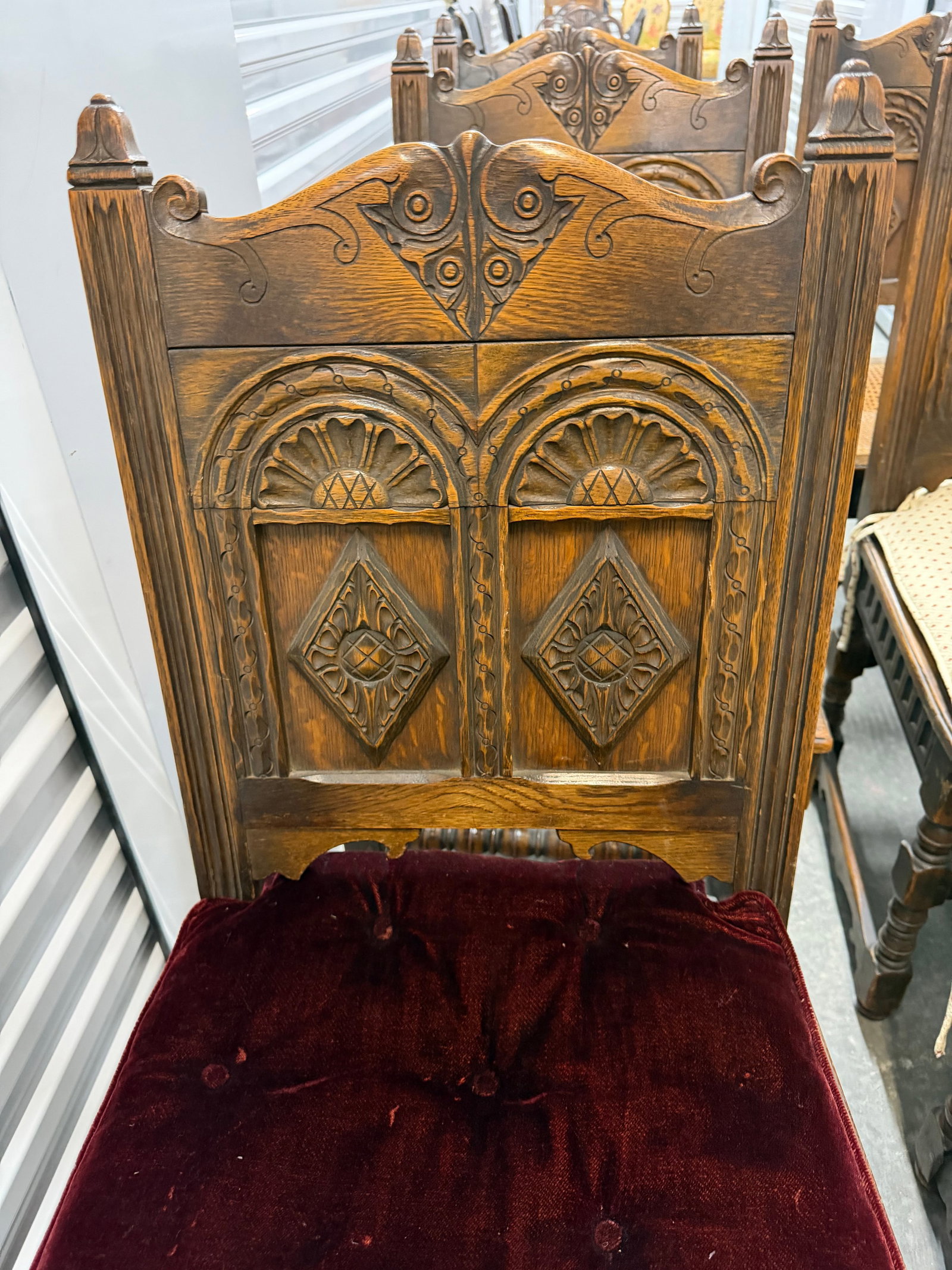 Set of Eight Carved Oak Renaissance Revival Dining Chairs - 10