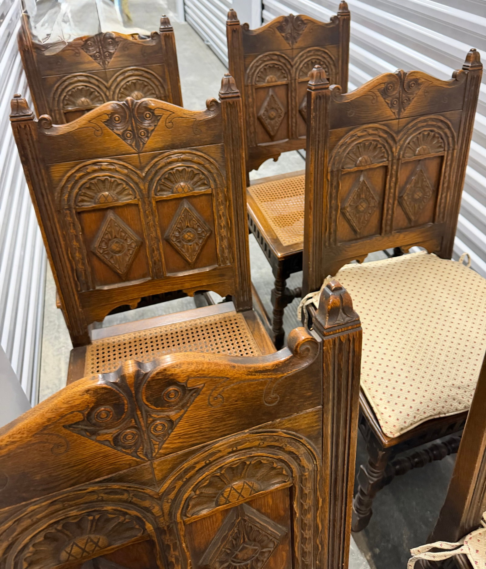 Set of Eight Carved Oak Renaissance Revival Dining Chairs - 9