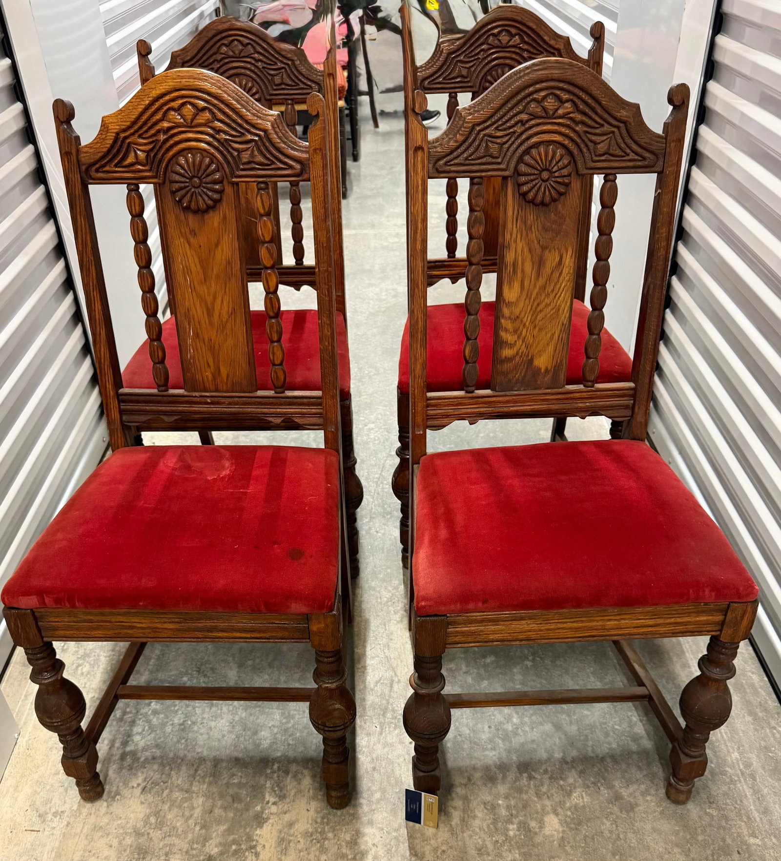 Set of Four Carved Oak Dining Chairs with Red Velvet Upholstery - 2