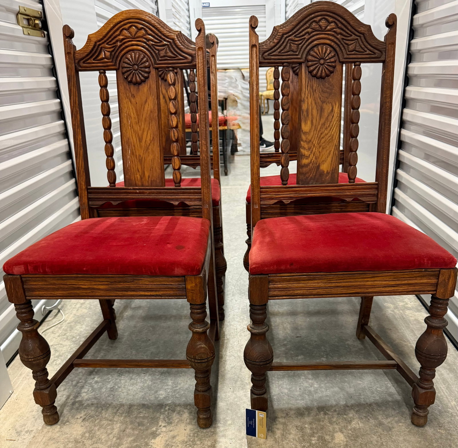 Set of Four Carved Oak Dining Chairs with Red Velvet Upholstery - 3