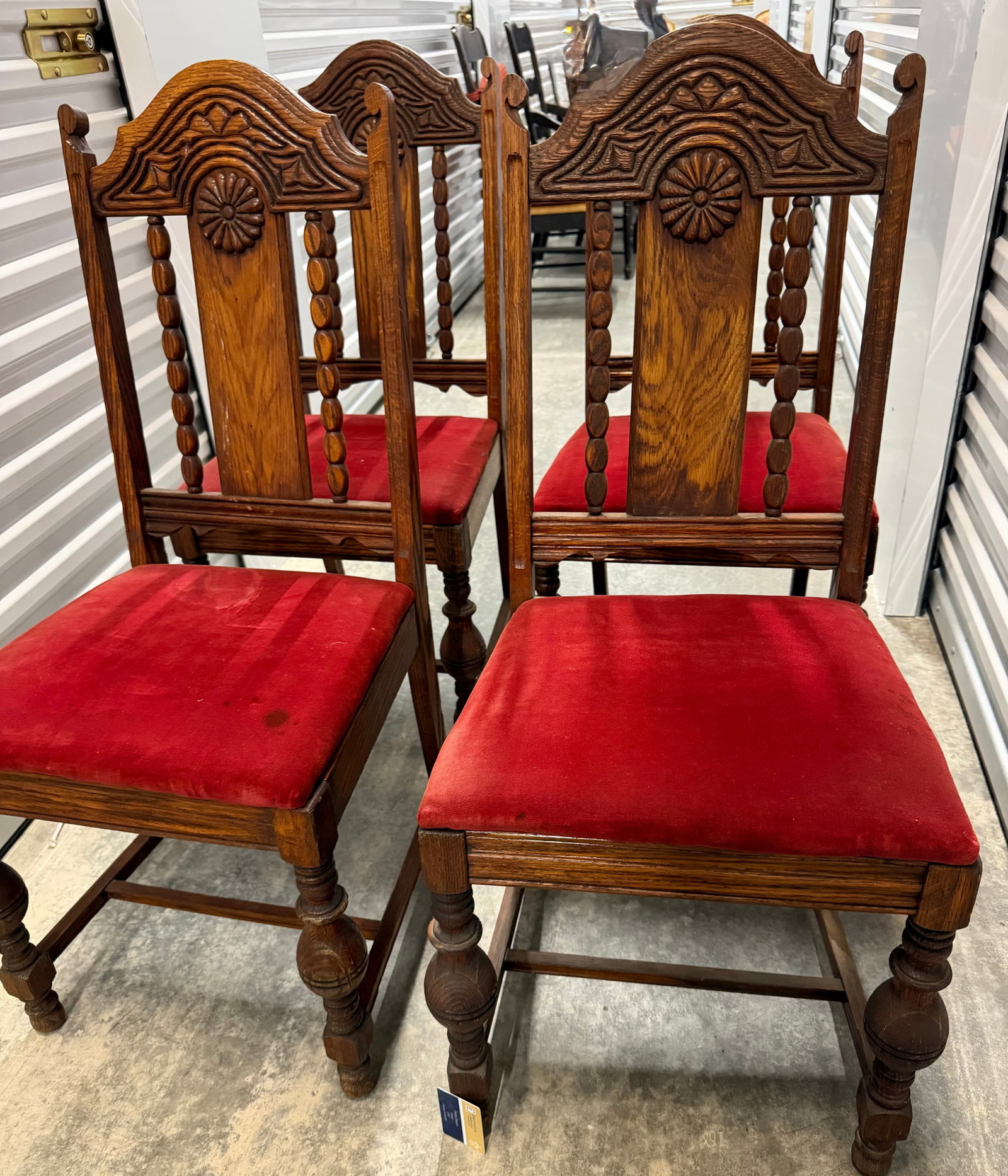 Set of Four Carved Oak Dining Chairs with Red Velvet Upholstery - 4
