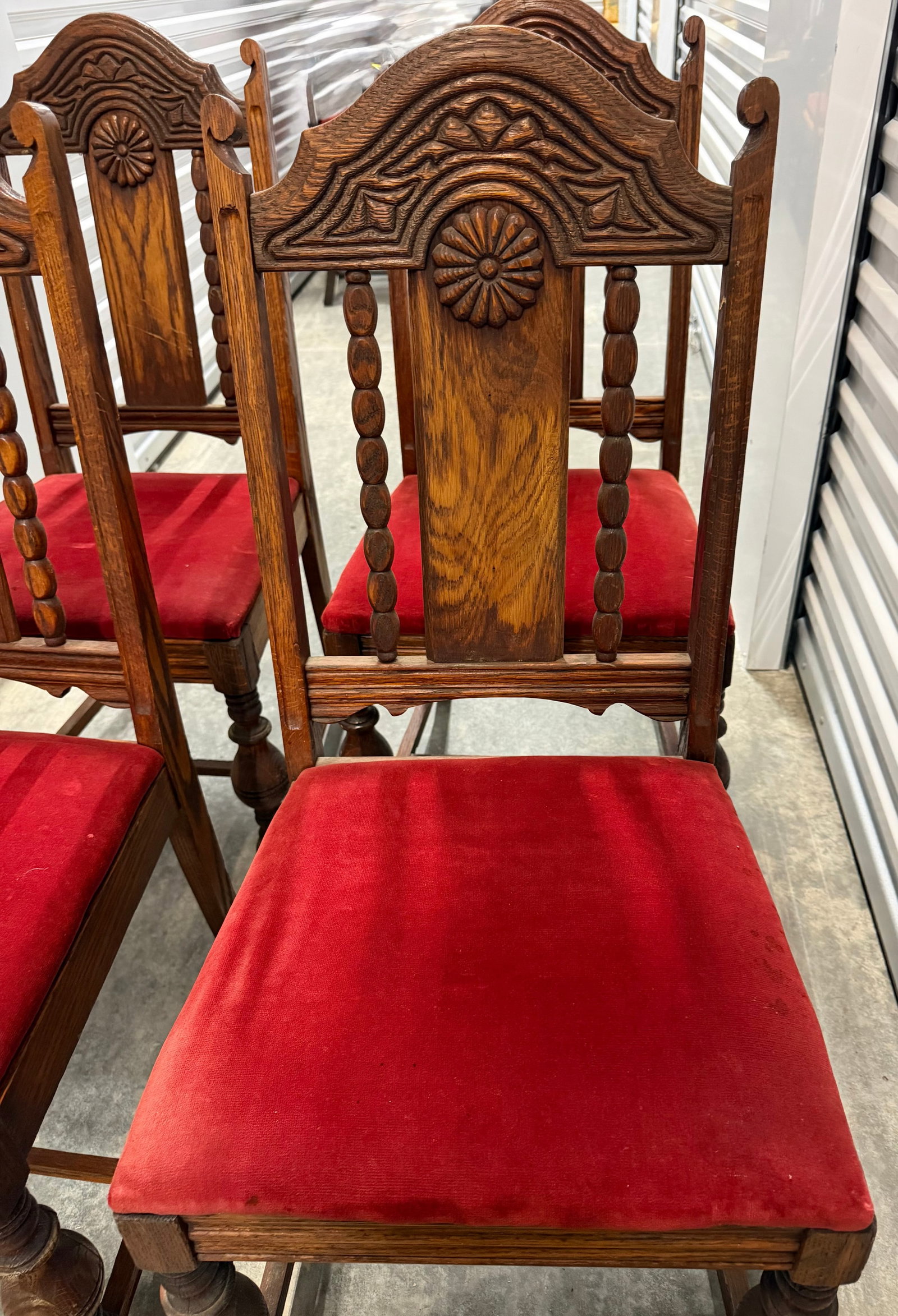 Set of Four Carved Oak Dining Chairs with Red Velvet Upholstery - 5
