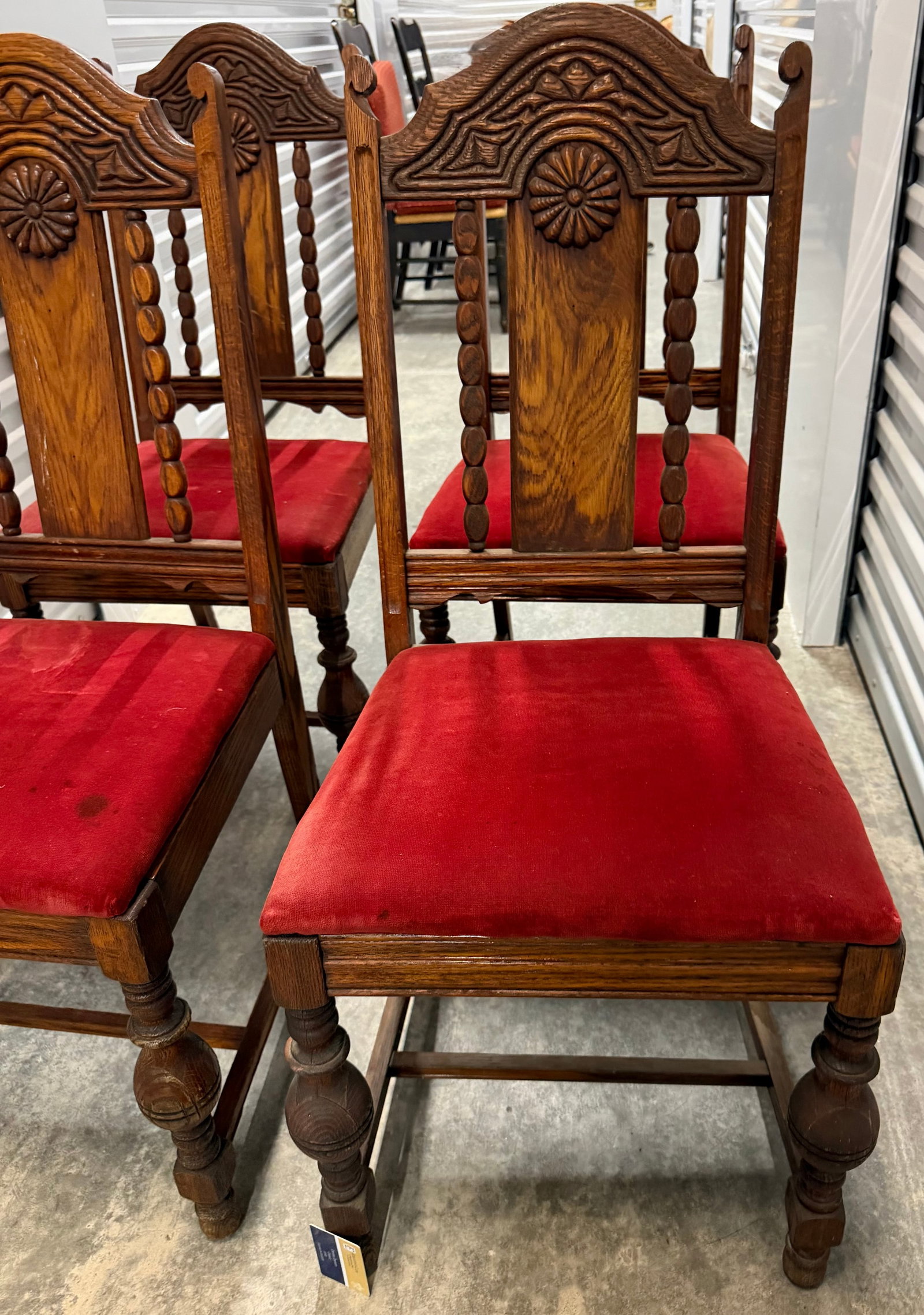 Set of Four Carved Oak Dining Chairs with Red Velvet Upholstery - 6