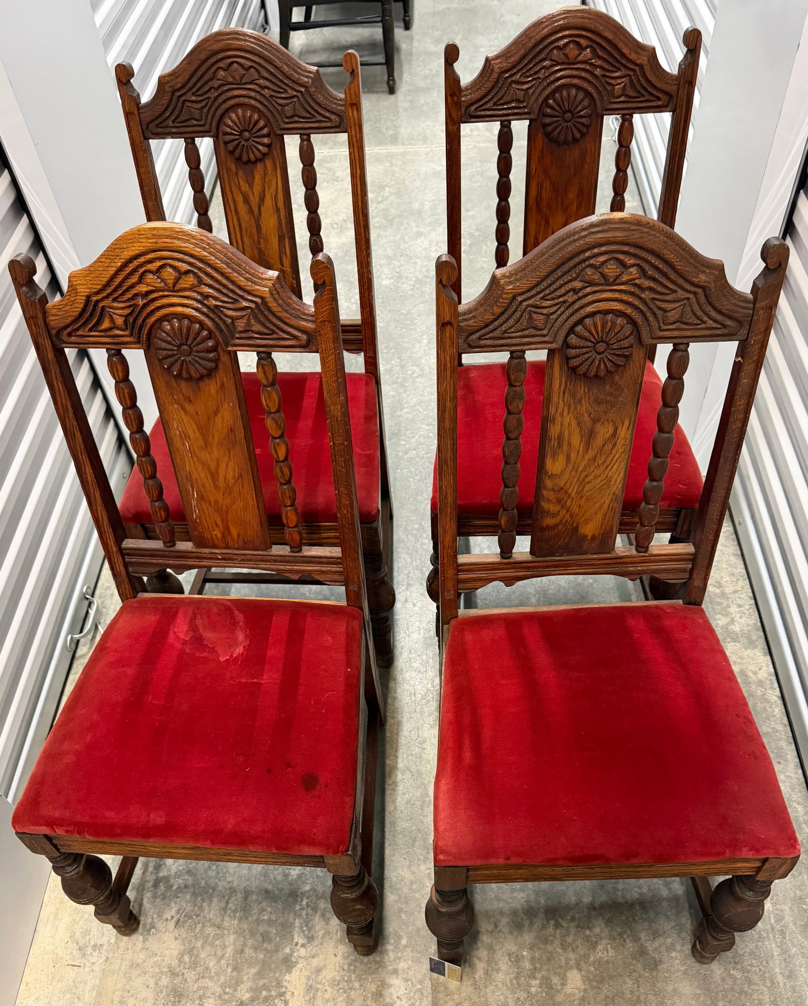Set of Four Carved Oak Dining Chairs with Red Velvet Upholstery - 7