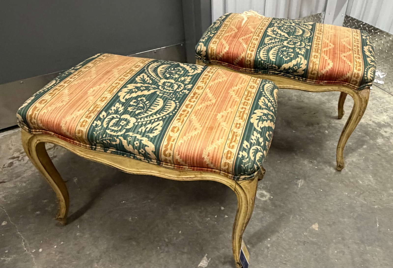 Pair of Louis XV Style Painted and Upholstered Benches/Ottomans - 2