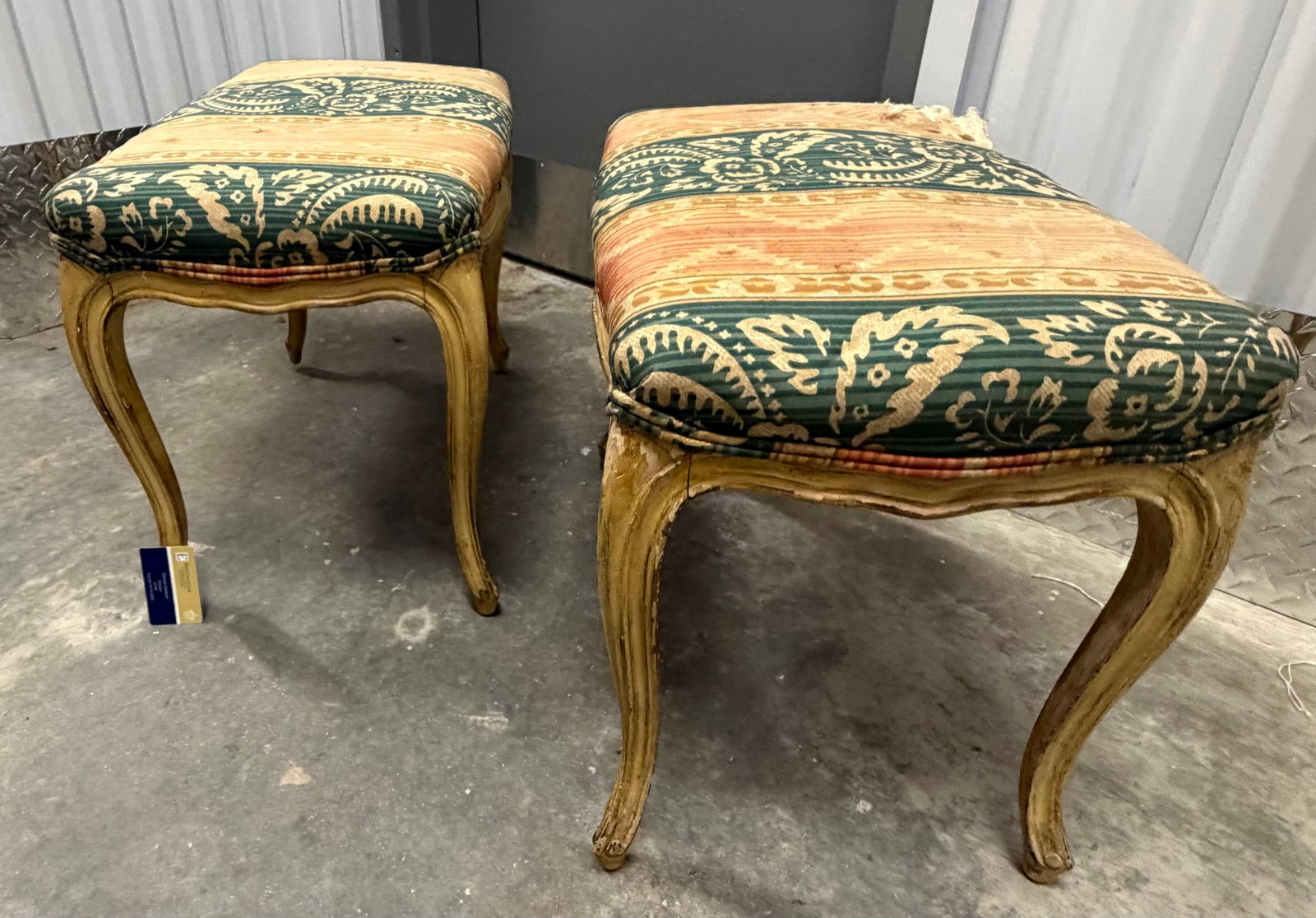 Pair of Louis XV Style Painted and Upholstered Benches/Ottomans - 3
