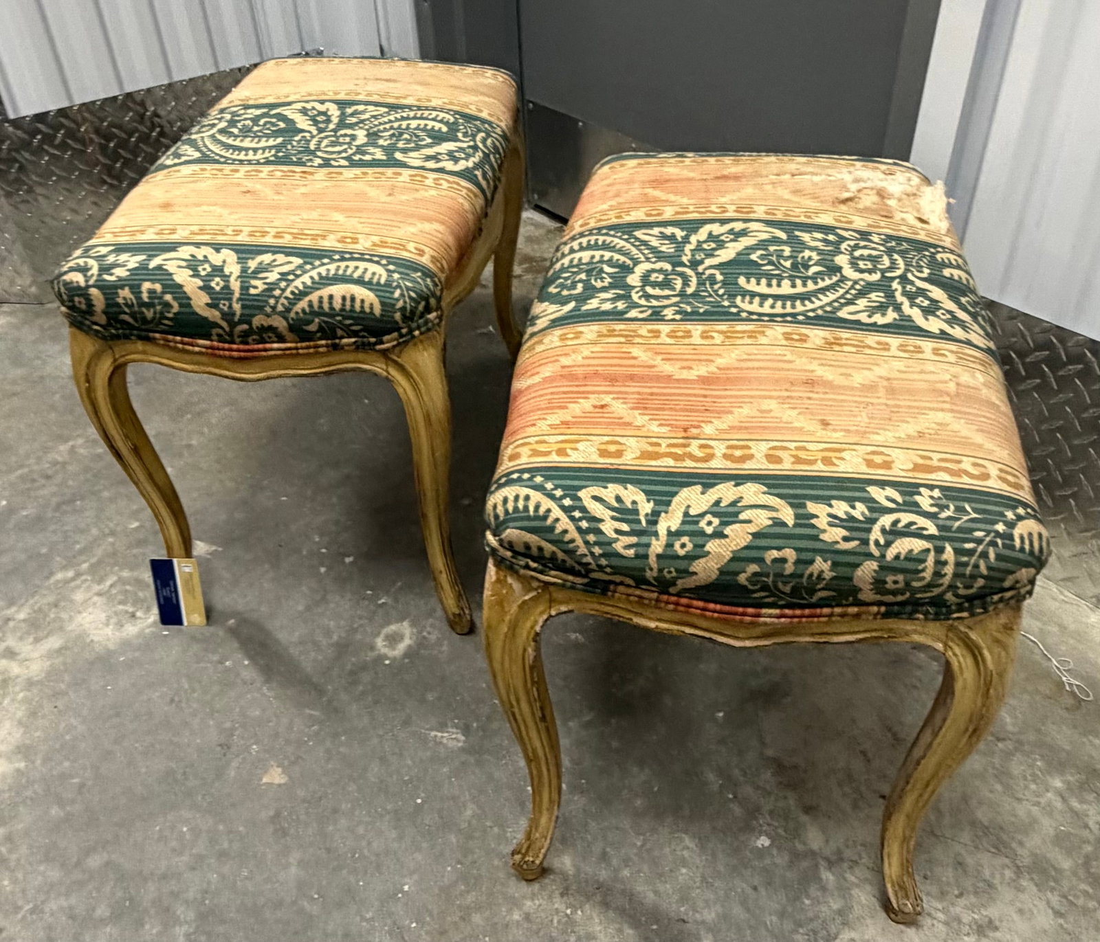 Pair of Louis XV Style Painted and Upholstered Benches/Ottomans - 4
