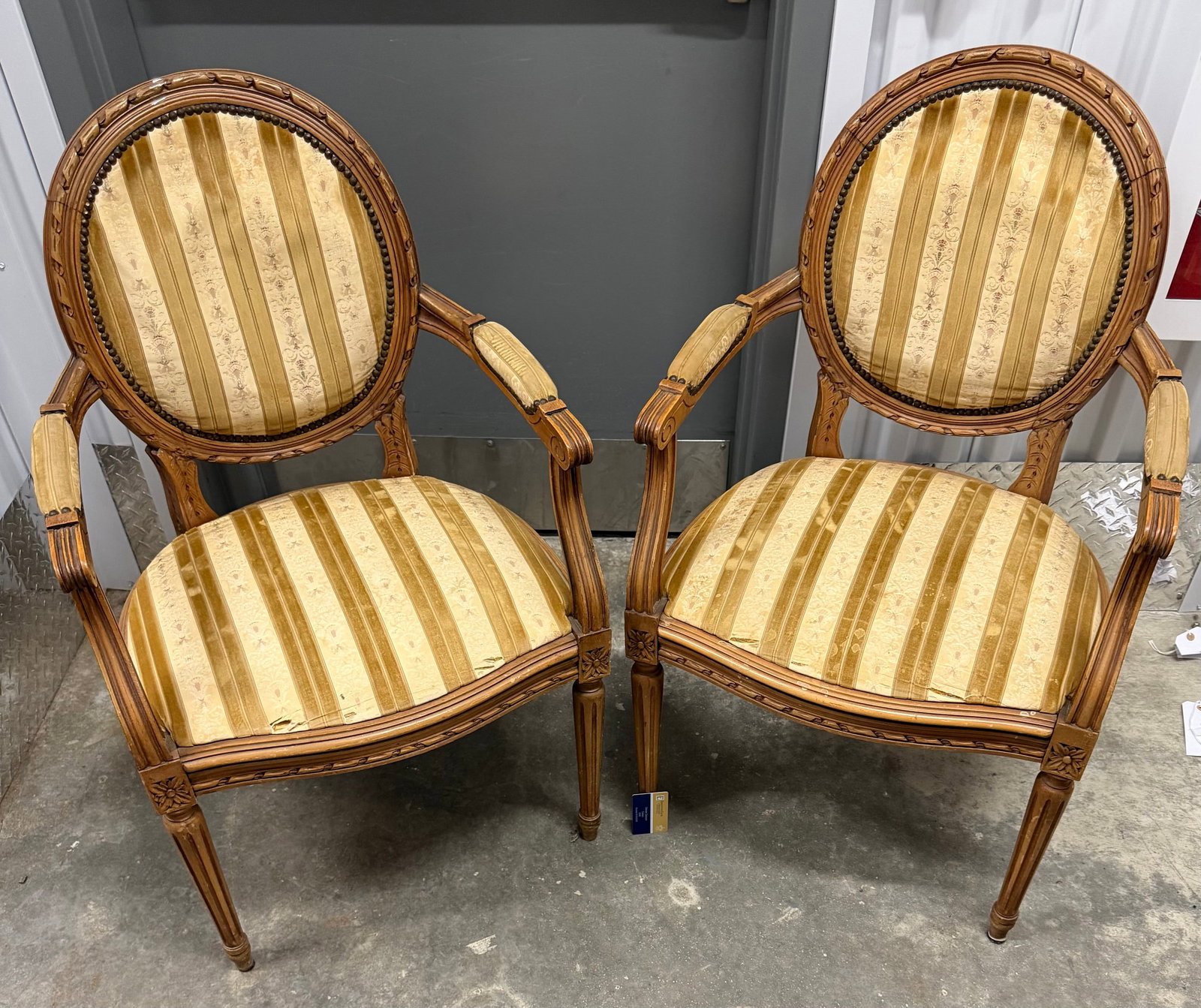 Pair of Louis XVI Style Carved Wood and Upholstered Armchairs - 3