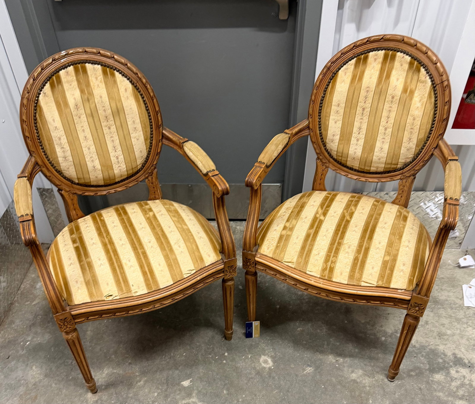 Pair of Louis XVI Style Carved Wood and Upholstered Armchairs - 4