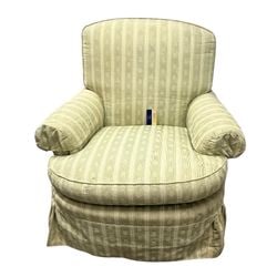 Baker Furniture Company Upholstered Armchair: A classic upholstered armchair by Baker Furniture Company, featuring a rounded back, rolled arms, and a generous single seat cushion. The chair is upholstered in a light green fabric with a striped