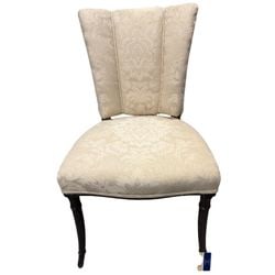 Cream Damask Upholstered Side Chair: An elegantly designed side chair, likely dating from the mid-20th century, featuring a cream damask upholstery with a classical floral and foliate pattern. The chair presents a scalloped or