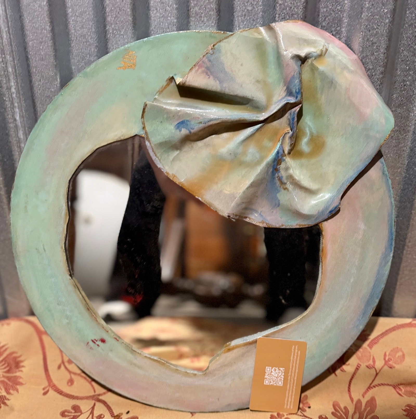 Hand-Painted Abstract Ceramic Wall Mirror with Ruffled Accent - 2