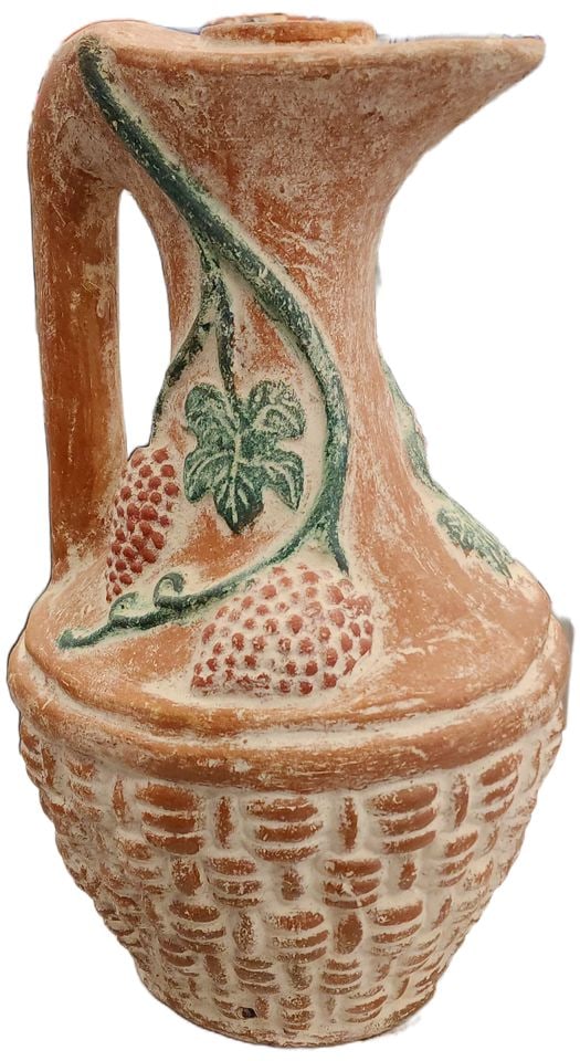 Monumental vintage European terracotta hand-painted vessel w/ vineyard-themed imagery. 24h x 15diam.: This piece will work well as a lamp for which it has been prepared with access for wiring at the top and bottom. Reserve: $80.00 Shipping: Domestic: Shipping rates are determined by destination Intern