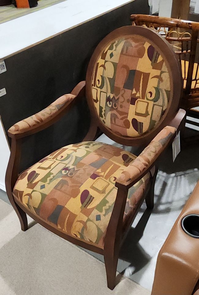 Vintage artistically scaled upholstered designer side chair. Mid-Century Modern meets Queen Anne: This is a wonderful interpretation of the Queen Anne chair with a superb mid-century design fabric. Reserve: $250.00 Shipping: Domestic: Shipping rates are determined by destination International: